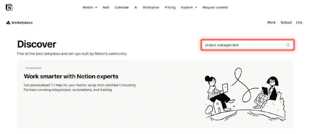 Notion template gallery search bar with 'project management' typed in