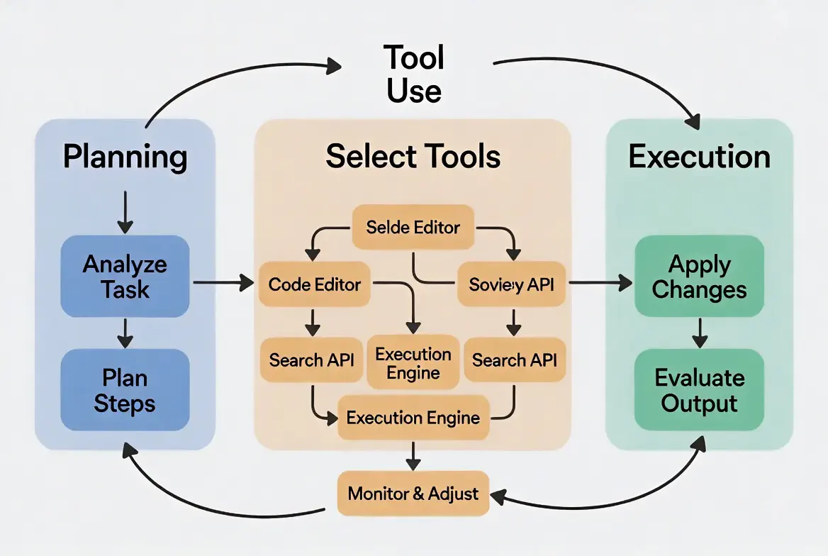 AI agent workflow diagram showing planning, tool use, and execution loops