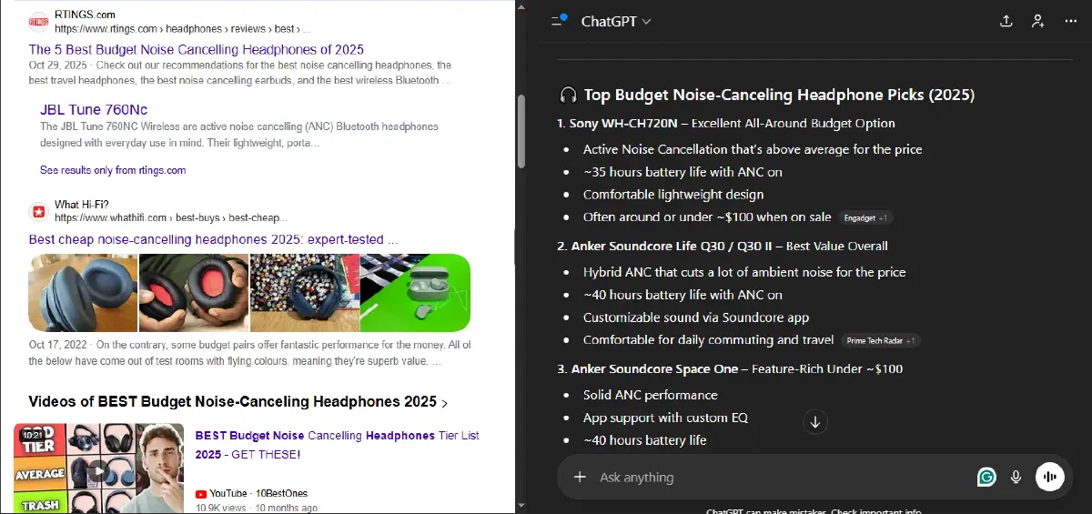Screenshot comparing a Bing search for 'best budget noise-canceling headphones 2025' next to ChatGPT response