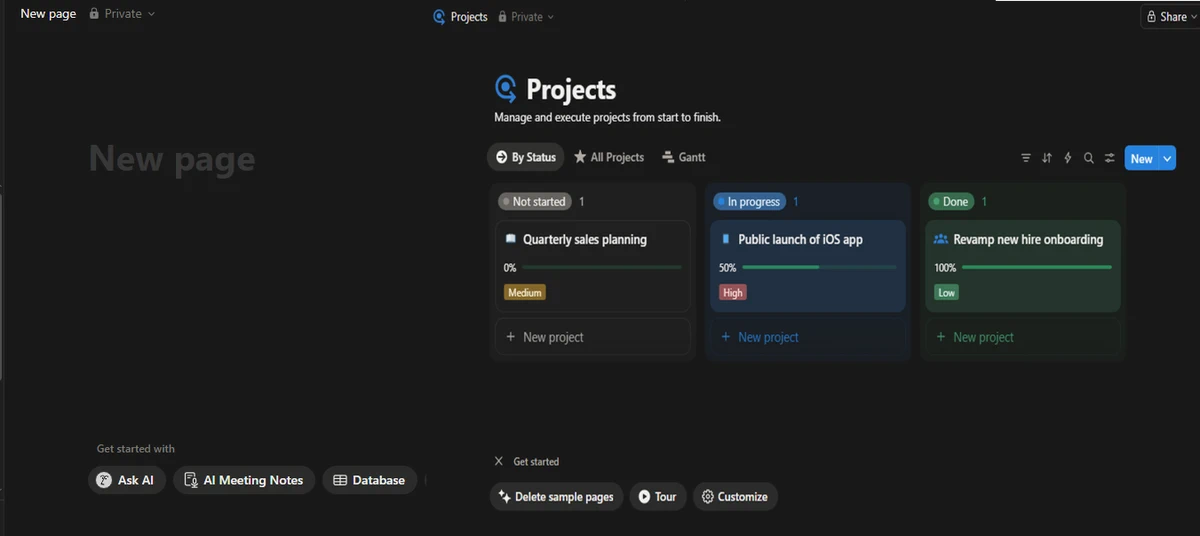 Illustration comparing a blank Notion page vs. a structured project template