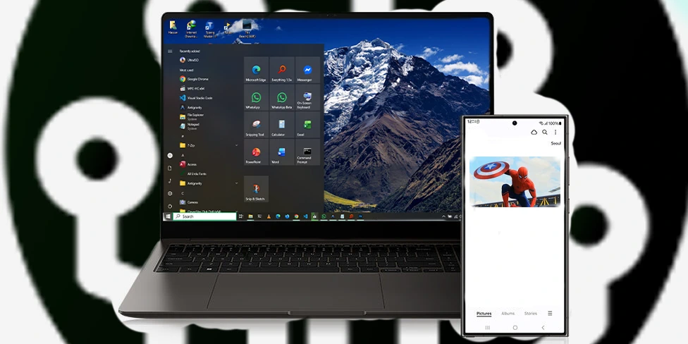 Samsung Galaxy Tab S9 Ultra set up in DeX mode with a keyboard and mouse on a desk