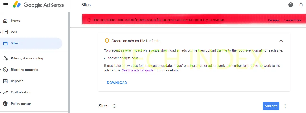 Screenshot of Google Search Console showing the ads.txt error message