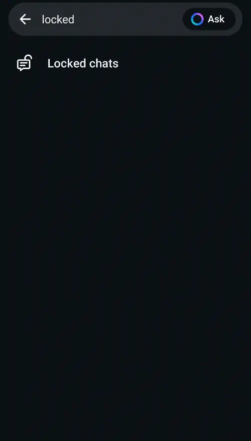 Screenshot of empty WhatsApp chat list with secret code search active