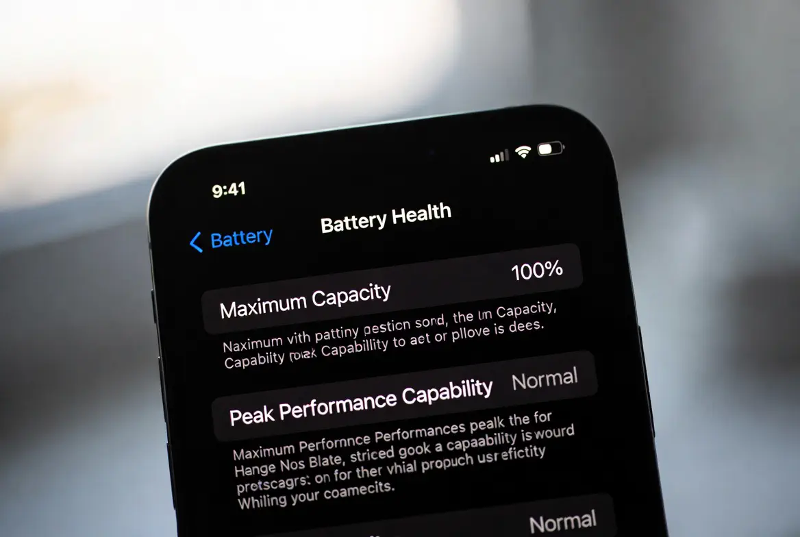 Close-up of iPhone Battery Health screen showing 100% maximum capacity