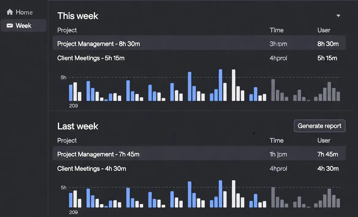 Screenshot of my Toggl dashboard showing time breakdowns for both weeks