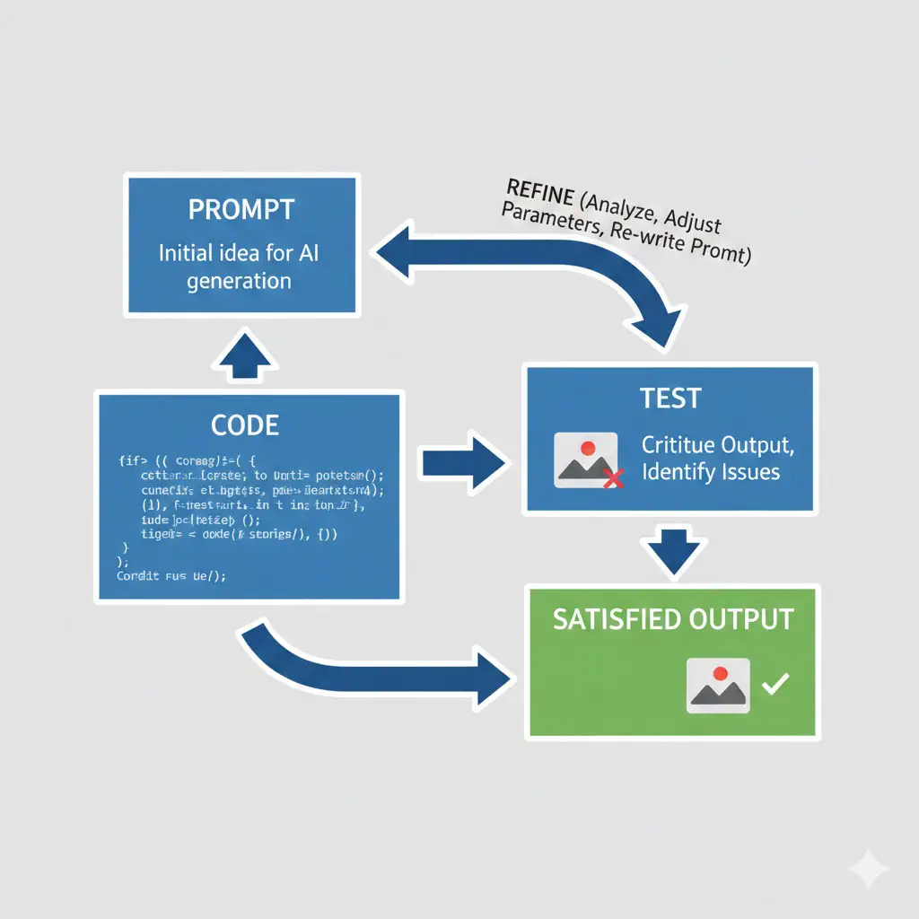 Diagram of the prompt iteration flow, showing prompt -> code -> test -> refine loop