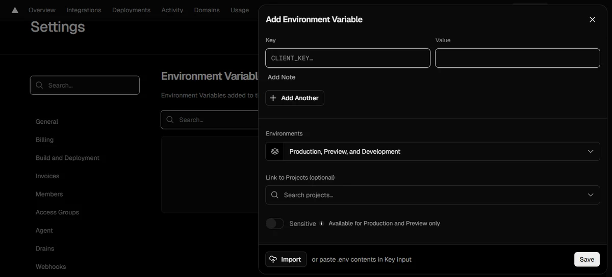 Screenshot showing the Vercel settings menu for Environment Variables